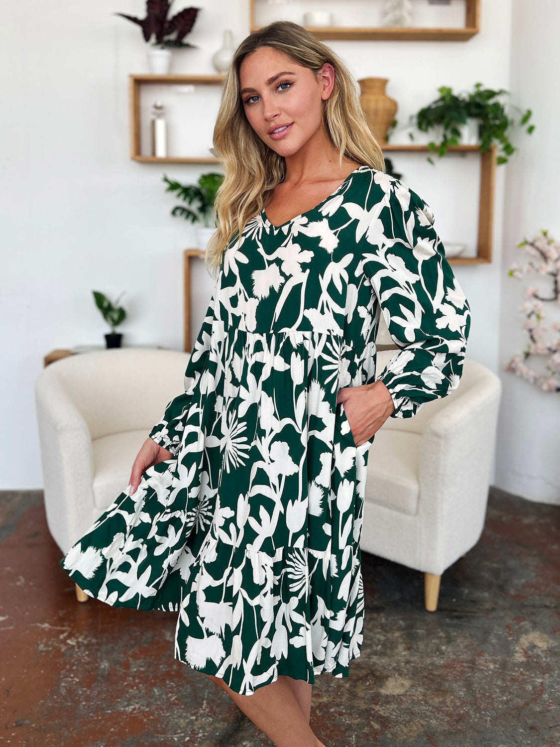 Double Take Full Size Printed Ruffle Hem Long Sleeve Midi Dress - Rosa Apparel