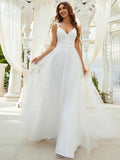 Double V Neck Lace Tulle Wedding Dress - Rosa Apparel