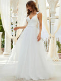 Double V Neck Lace Tulle Wedding Dress - Rosa Apparel