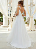 Double V Neck Lace Tulle Wedding Dress - Rosa Apparel