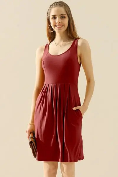 Doublju Full Size Round Neck Ruched Sleeveless Dress with Pockets - Rosa Apparel