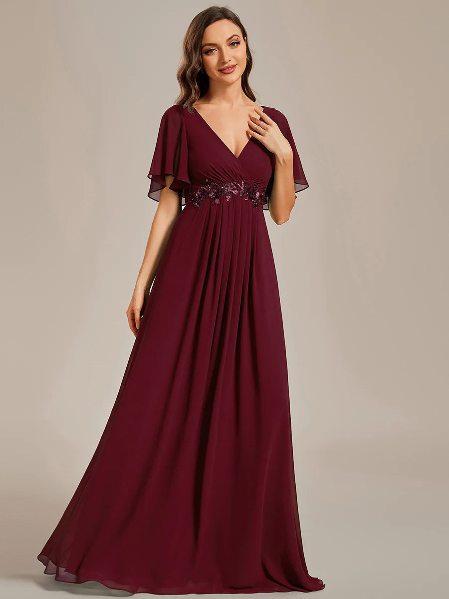 Elegant V Neck Appliques Pleated Floor Length Bridesmaid Dress - Rosa Apparel