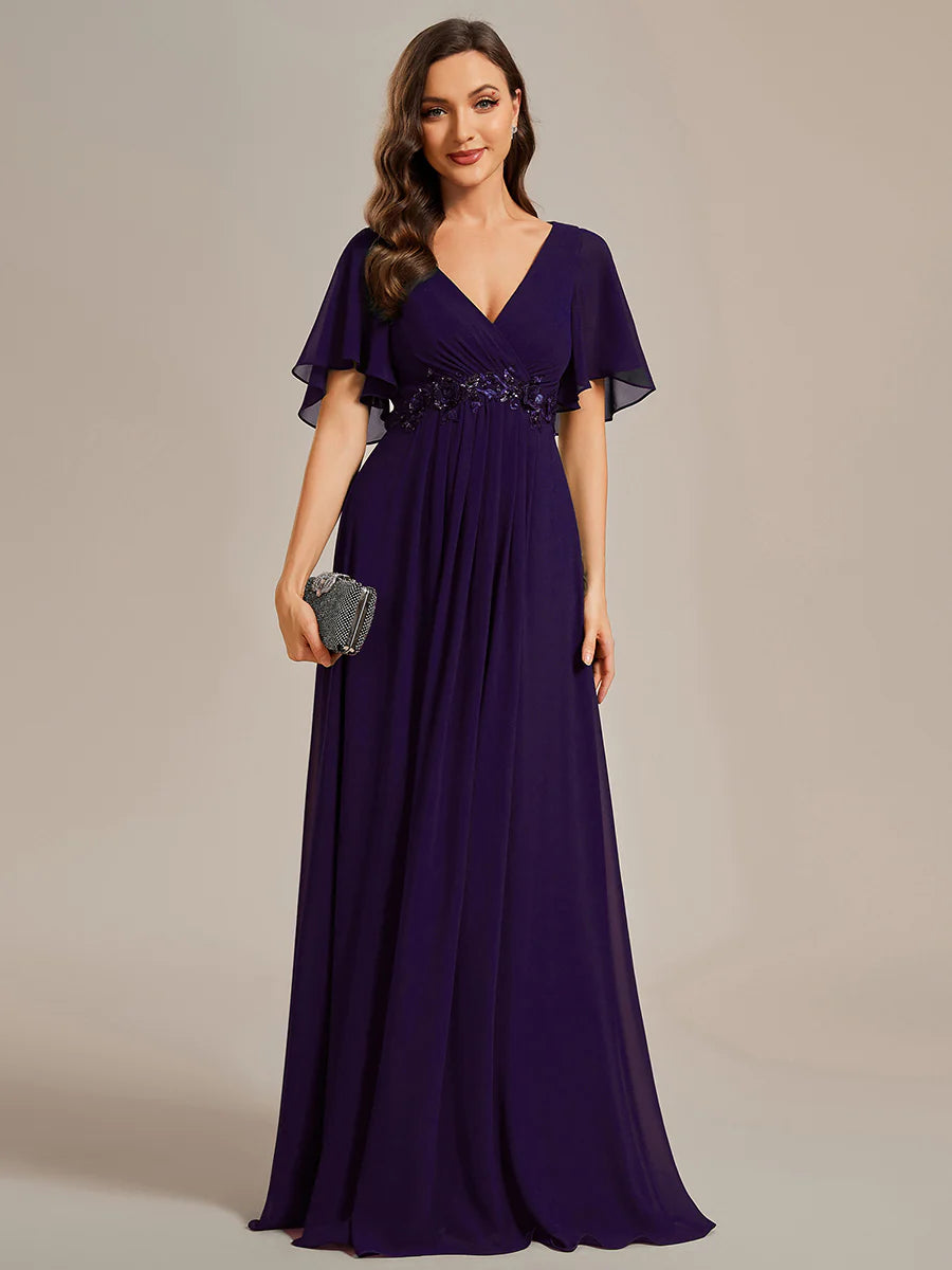 Elegant V Neck Appliques Pleated Floor Length Bridesmaid Dress - Rosa Apparel