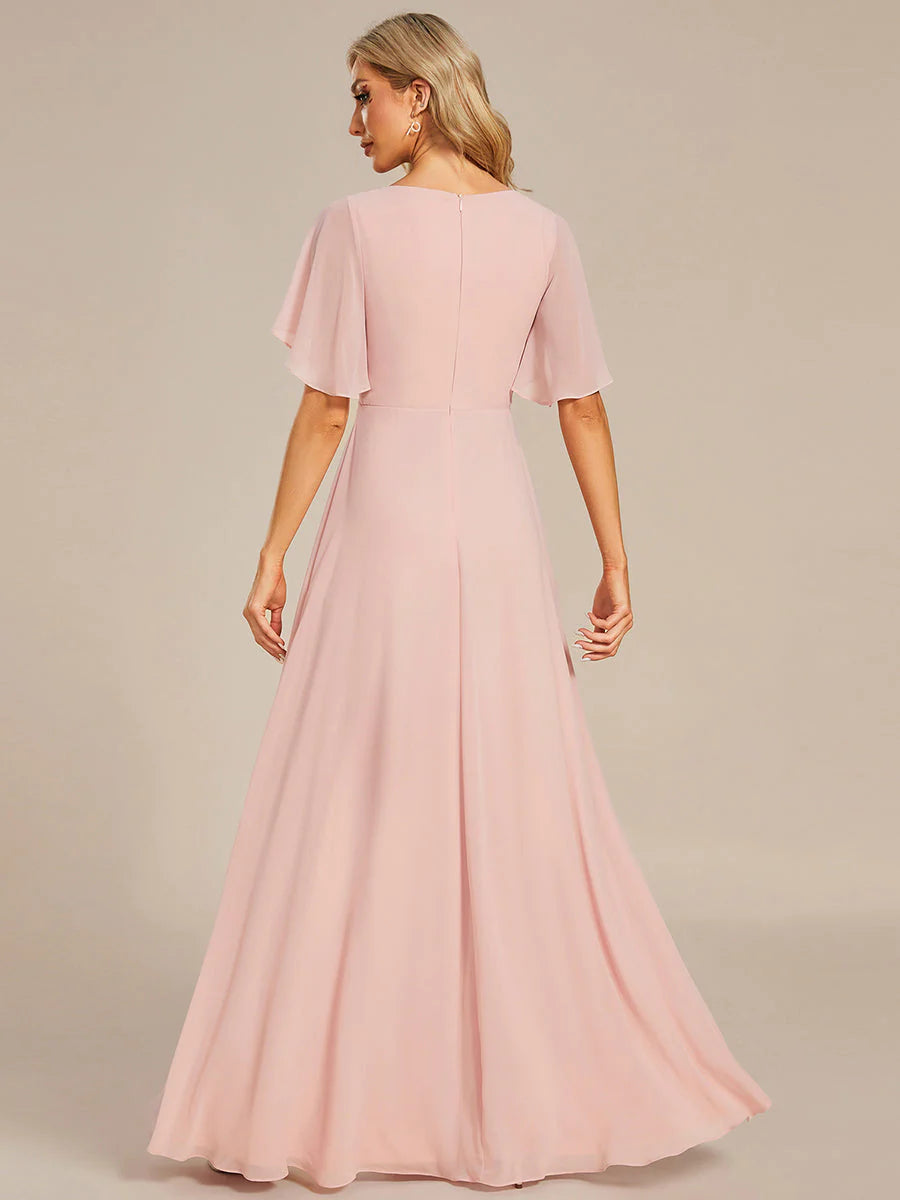 Elegant V Neck Appliques Pleated Floor Length Bridesmaid Dress - Rosa Apparel