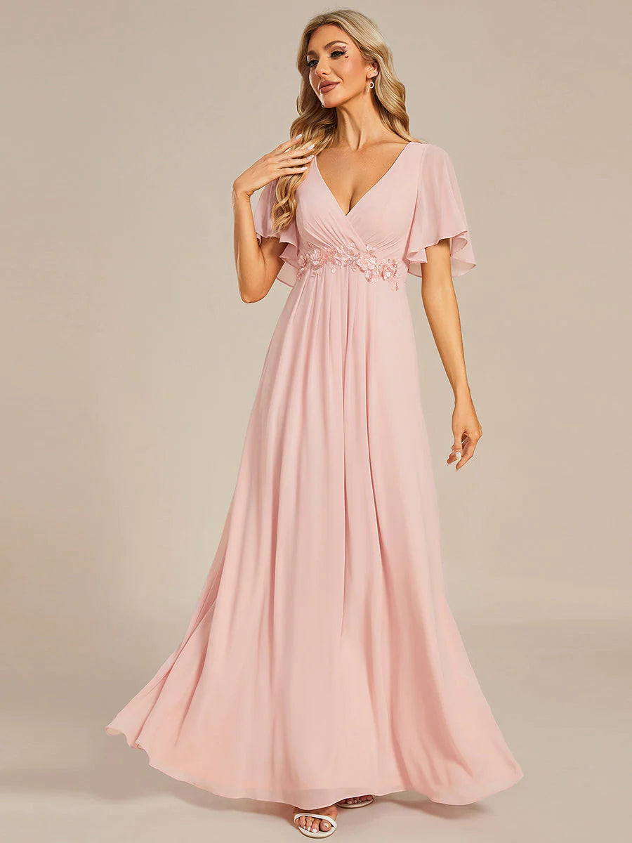 Elegant V Neck Appliques Pleated Floor Length Bridesmaid Dress - Rosa Apparel