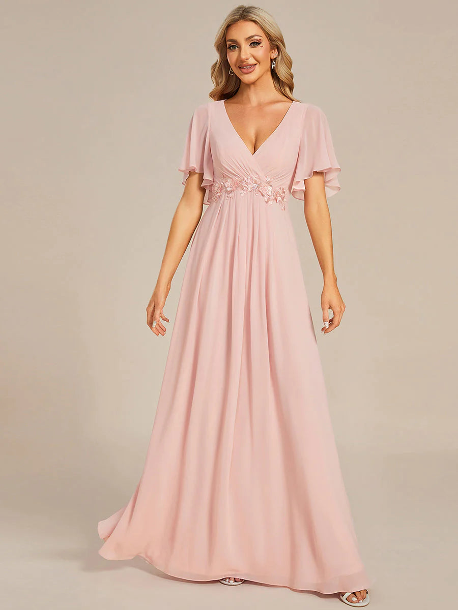 Elegant V Neck Appliques Pleated Floor Length Bridesmaid Dress - Rosa Apparel