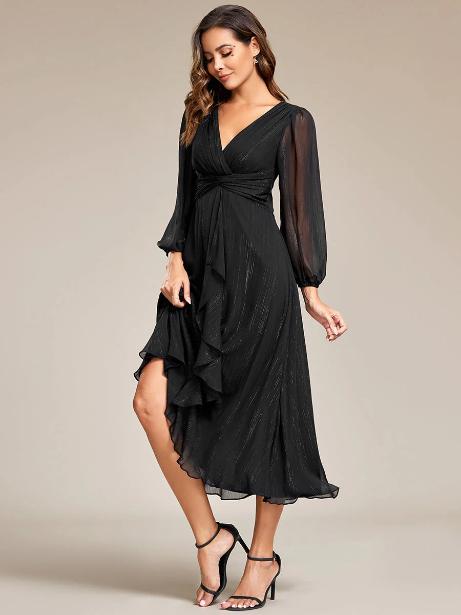 Shiny Chiffon Wedding Guest Dress with Long Sleeve Ever Pretty