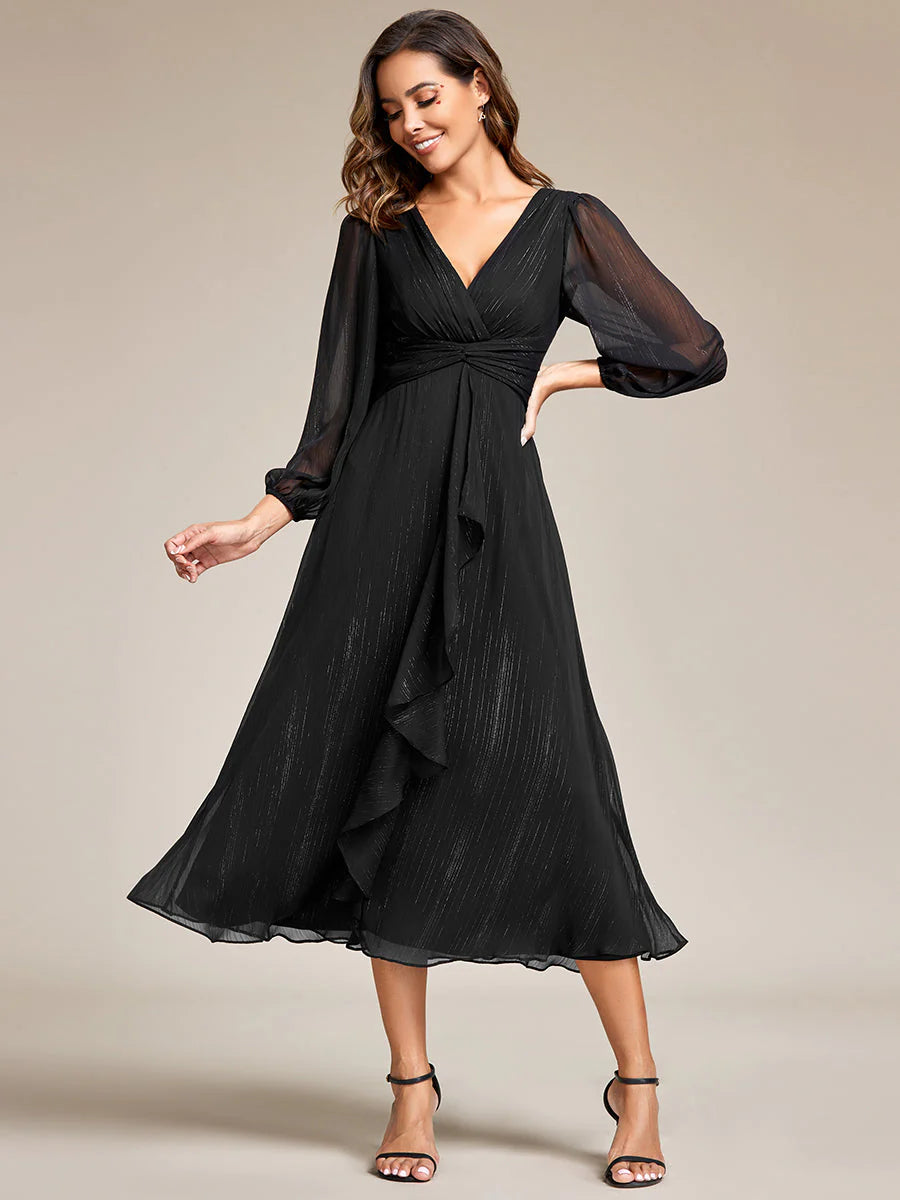 Shiny Chiffon Wedding Guest Dress with Long Sleeve Ever Pretty