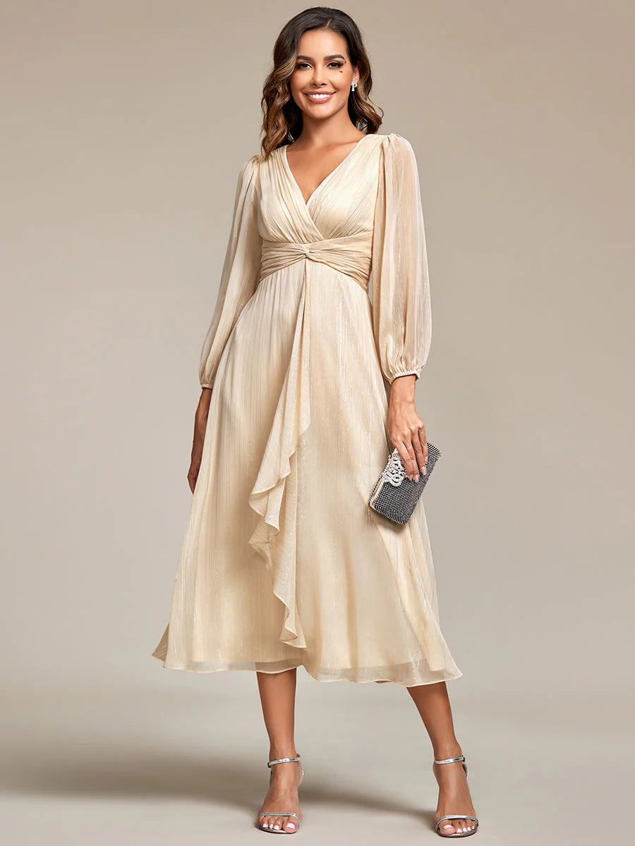 Shiny Chiffon Wedding Guest Dress with Long Sleeve Ever Pretty