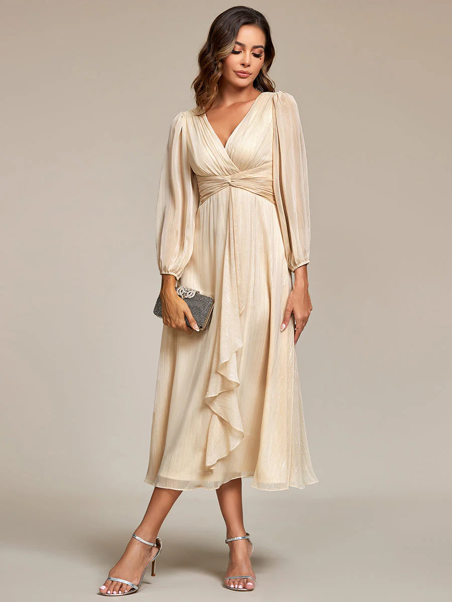 Shiny Chiffon Wedding Guest Dress with Long Sleeve Ever Pretty