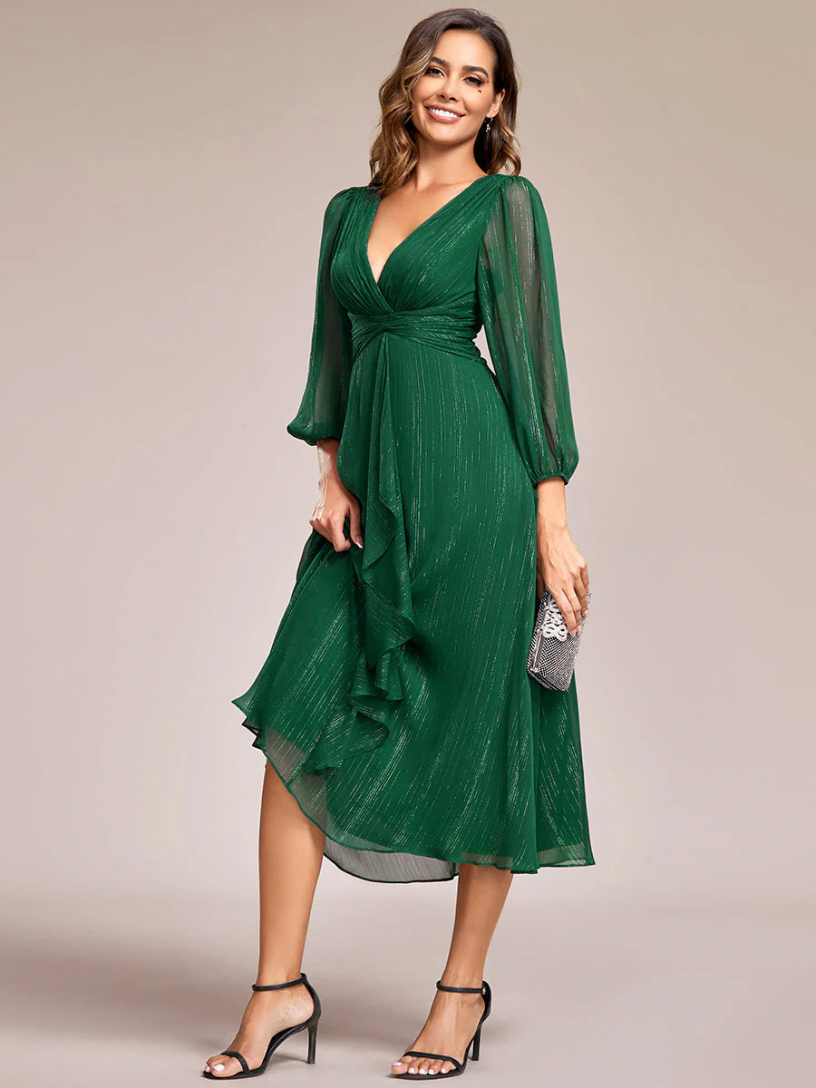 Shiny Chiffon Wedding Guest Dress with Long Sleeve Ever Pretty