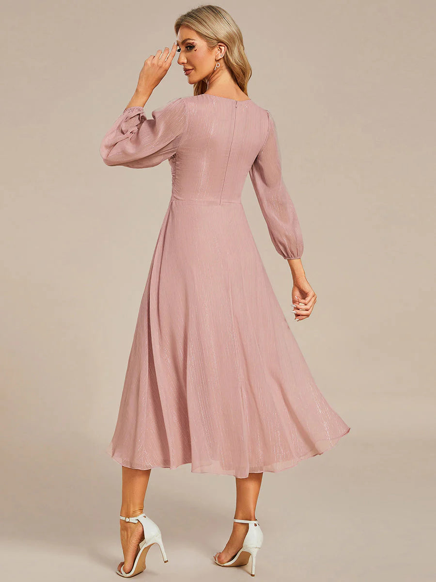 Shiny Chiffon Wedding Guest Dress with Long Sleeve Ever Pretty