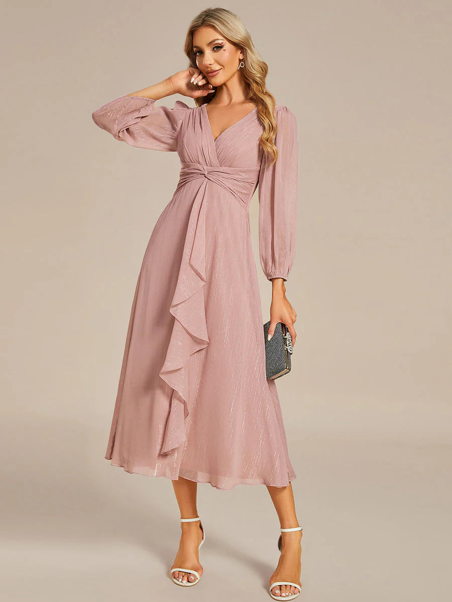 Shiny Chiffon Wedding Guest Dress with Long Sleeve Ever Pretty