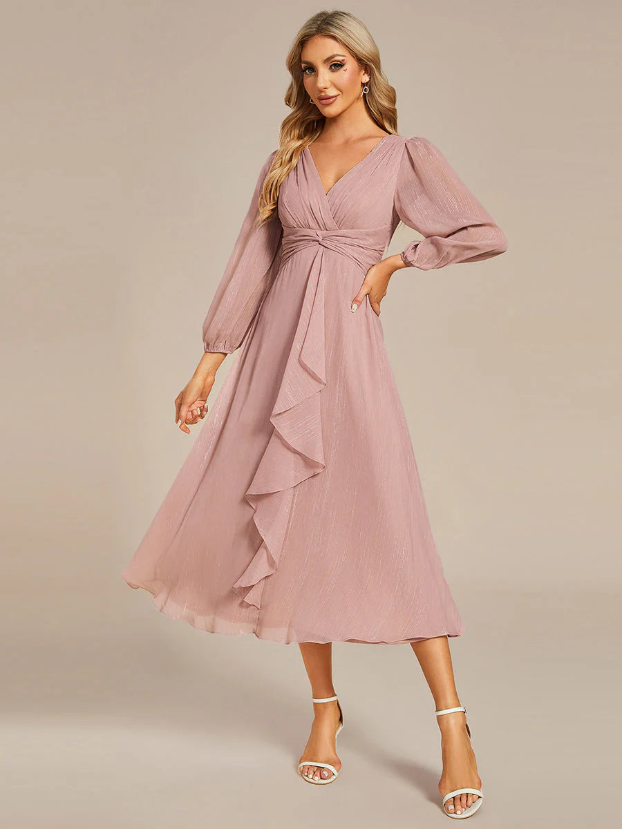 Shiny Chiffon Wedding Guest Dress with Long Sleeve Ever Pretty