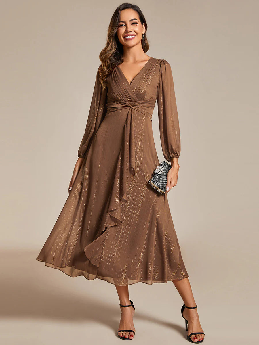 Shiny Chiffon Wedding Guest Dress with Long Sleeve Ever Pretty