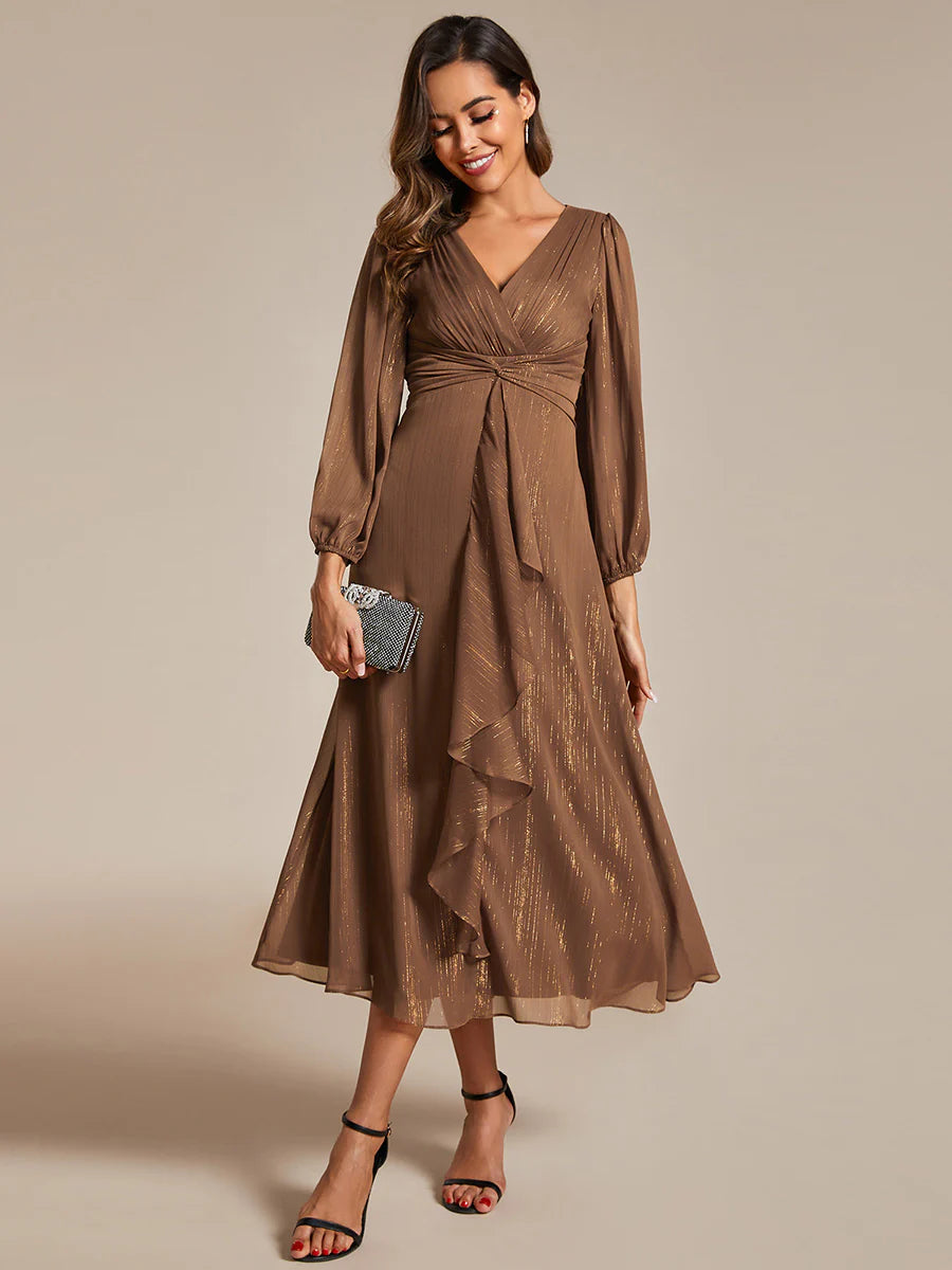 Shiny Chiffon Wedding Guest Dress with Long Sleeve Ever Pretty