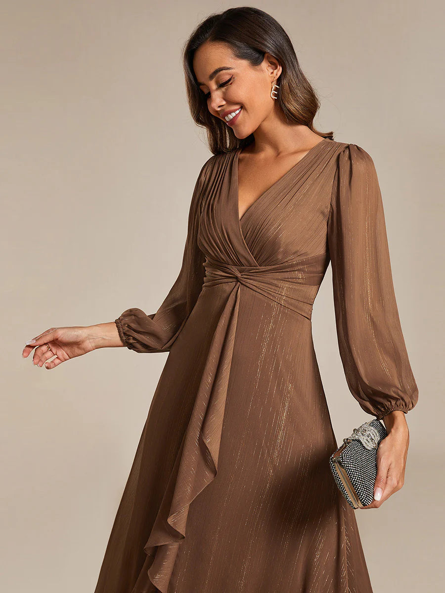 Shiny Chiffon Wedding Guest Dress with Long Sleeve Ever Pretty