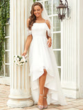 Off Shoulder Asymmetrical Hem Lace & Tulle Wedding Dress - Rosa Apparel