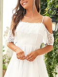 Off Shoulder Asymmetrical Hem Lace & Tulle Wedding Dress - Rosa Apparel