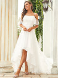 Off Shoulder Asymmetrical Hem Lace & Tulle Wedding Dress - Rosa Apparel