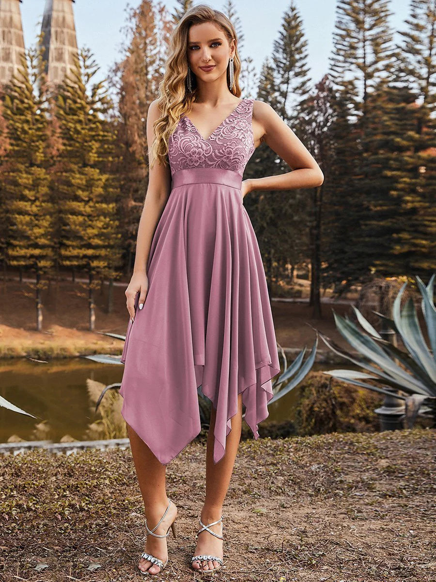 V-neck Lace Chiffon Prom Dress - Rosa Apparel