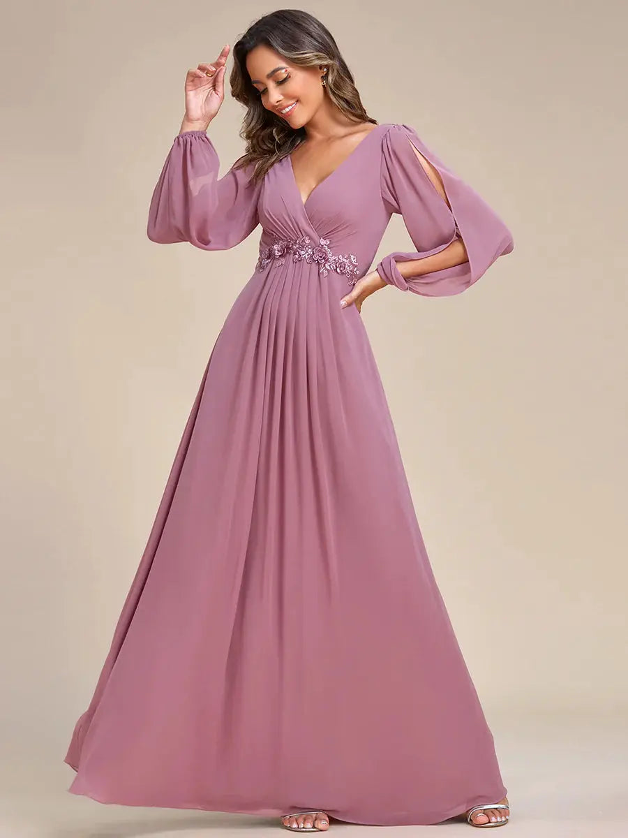 Elegant Floor Length Long Lantern Sleeves Formal Dress - Rosa Apparel