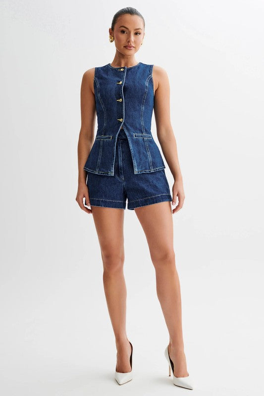 Elegant Denim Sleeveless Round Neck Vest And Shorts Set By Claude - Rosa Apparel