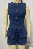 Elegant Denim Sleeveless Round Neck Vest And Shorts Set By Claude - Rosa Apparel