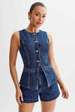 Elegant Denim Sleeveless Round Neck Vest And Shorts Set By Claude - Rosa Apparel