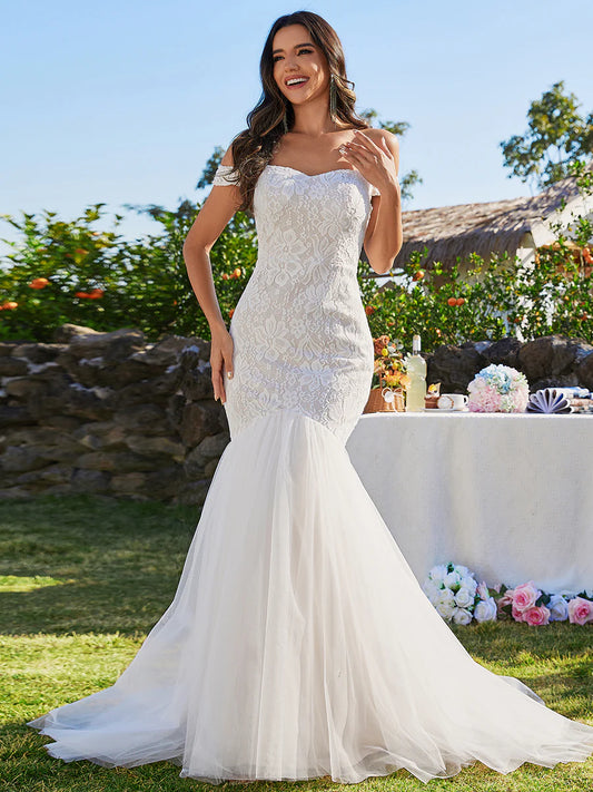 Elegant Fishtail Floor Off Shoulder Sleeveless Wedding Dress - Rosa Apparel