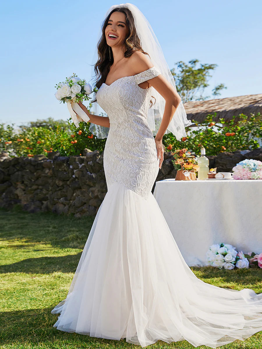 Elegant Fishtail Floor Off Shoulder Sleeveless Wedding Dress - Rosa Apparel