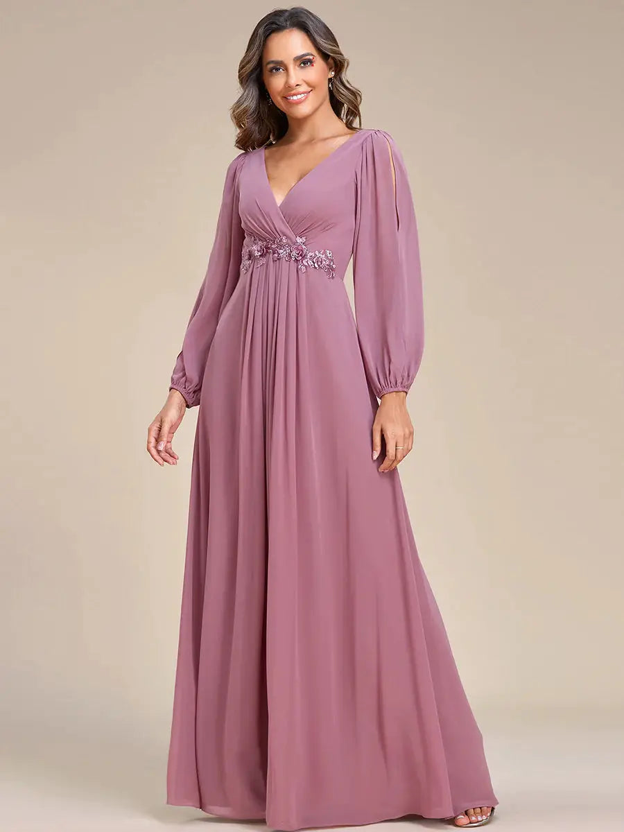 Elegant Floor Length Long Lantern Sleeves Formal Dress - Rosa Apparel