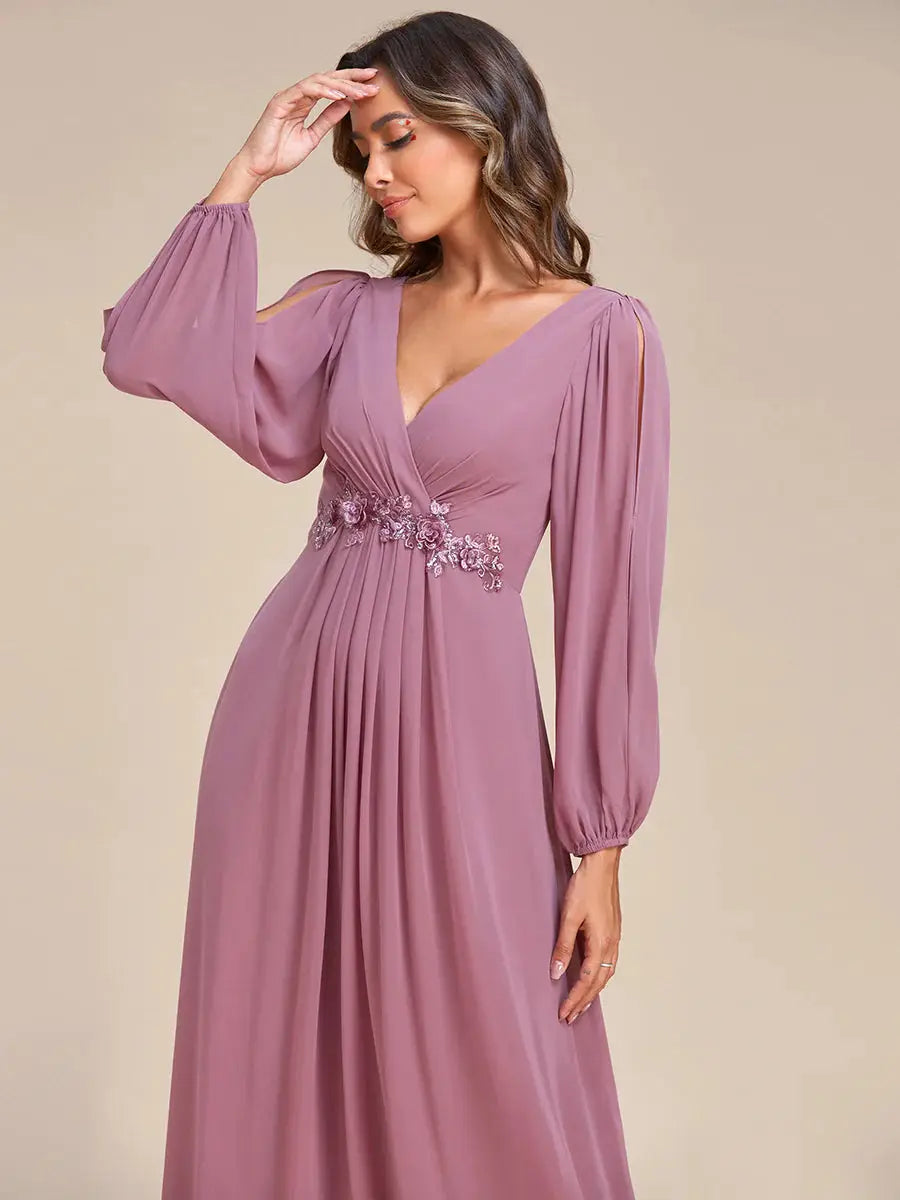 Elegant Floor Length Long Lantern Sleeves Formal Dress - Rosa Apparel