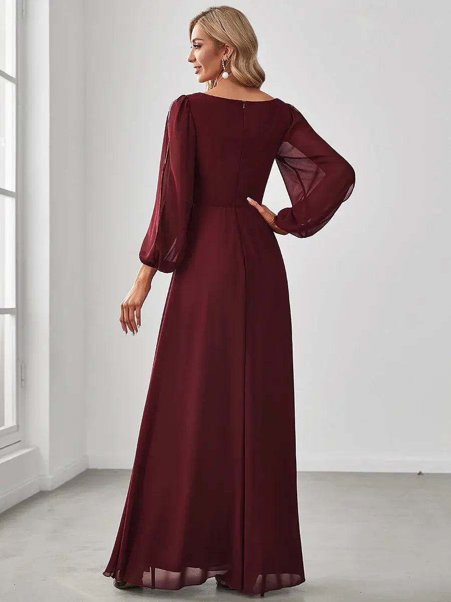 Elegant Floor Length Long Lantern Sleeves Formal Dress - Rosa Apparel