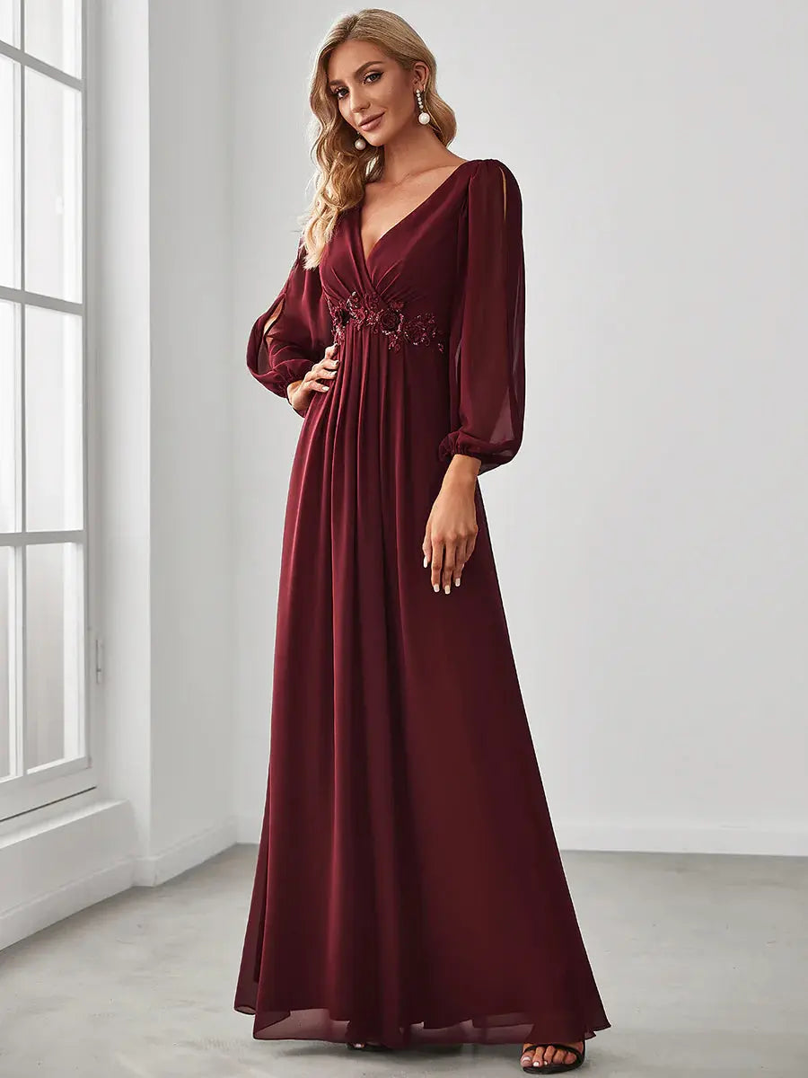 Elegant Floor Length Long Lantern Sleeves Formal Dress - Rosa Apparel