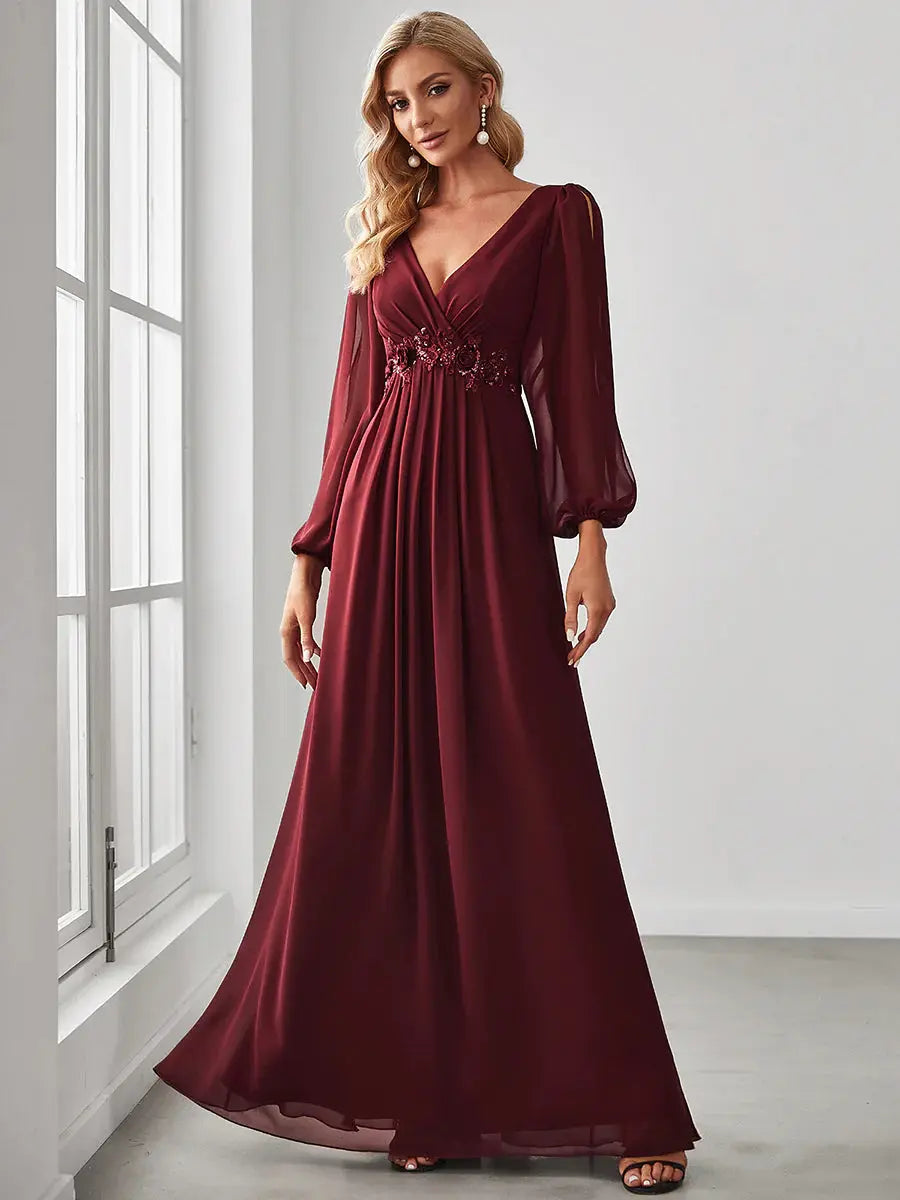 Elegant Floor Length Long Lantern Sleeves Formal Dress - Rosa Apparel