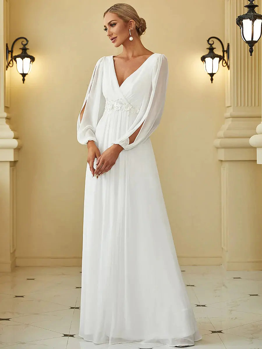 Elegant Floor Length Long Lantern Sleeves Formal Dress - Rosa Apparel