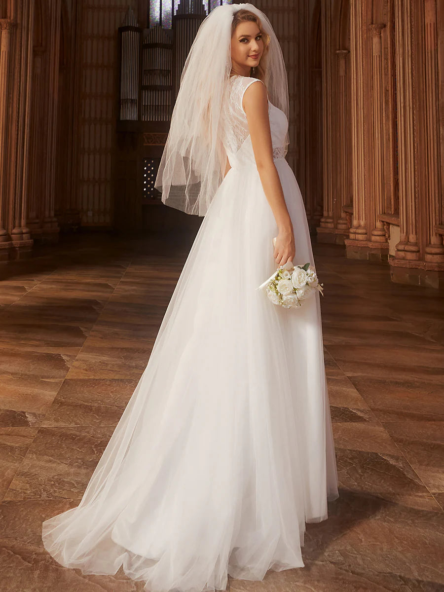 Elegant Hollow Lace Round Neck Wedding Dress - Rosa Apparel