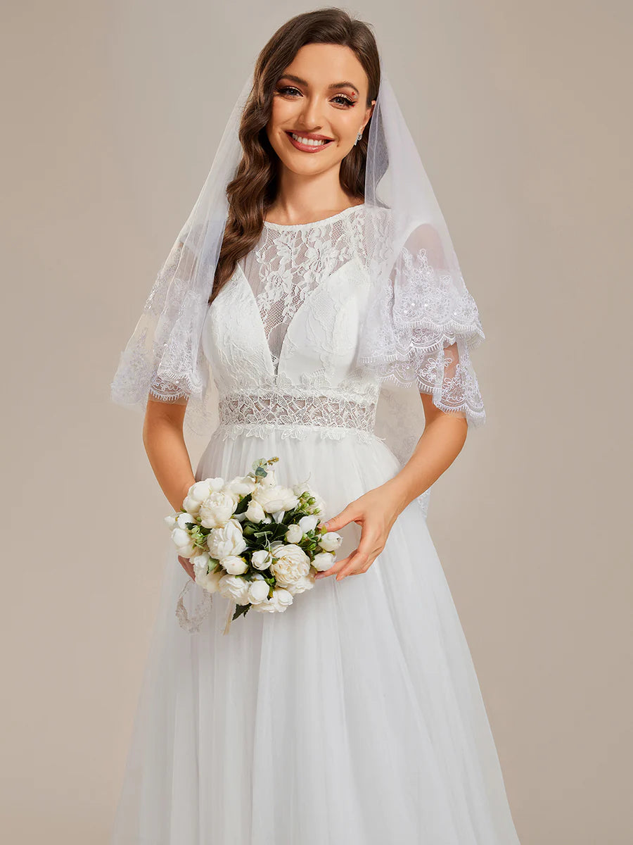 Elegant Hollow Lace Round Neck Wedding Dress - Rosa Apparel