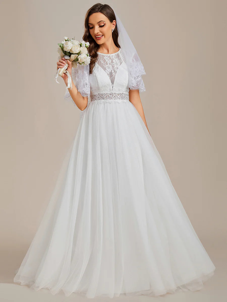 Elegant Hollow Lace Round Neck Wedding Dress - Rosa Apparel