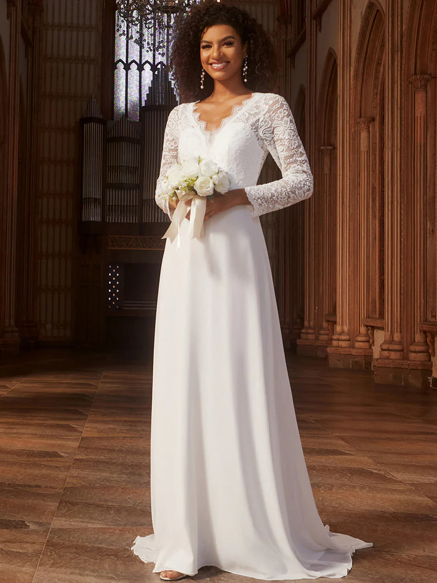 Elegant Hollow Lace V-Neck Wedding Dress - Rosa Apparel