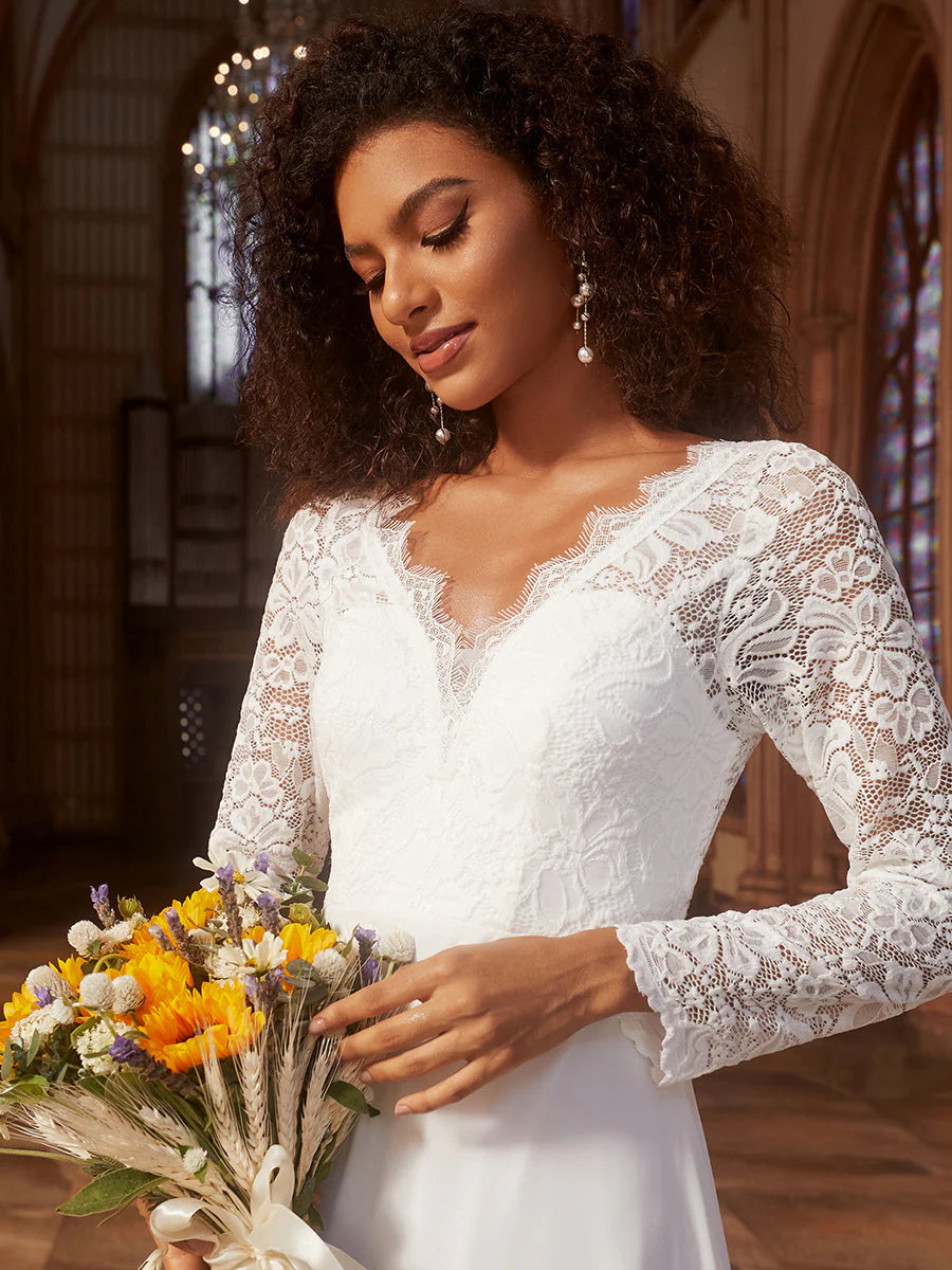 Elegant Hollow Lace V-Neck Wedding Dress - Rosa Apparel