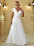 Elegant Maxi Lace V-Neck Ruffle Sleeves Wedding Dress - Rosa Apparel