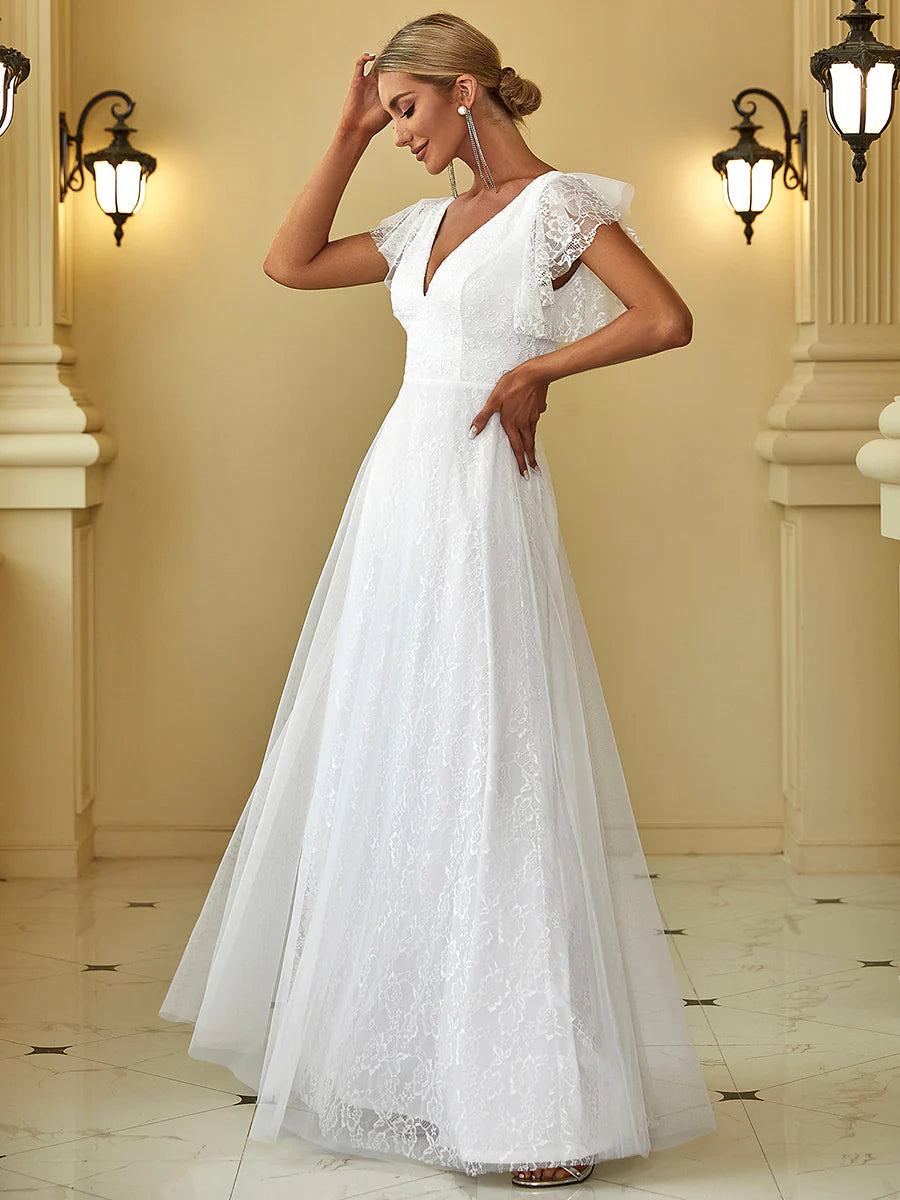 Elegant Maxi Lace V-Neck Ruffle Sleeves Wedding Dress - Rosa Apparel