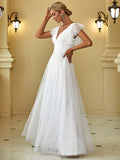 Elegant Maxi Lace V-Neck Ruffle Sleeves Wedding Dress - Rosa Apparel