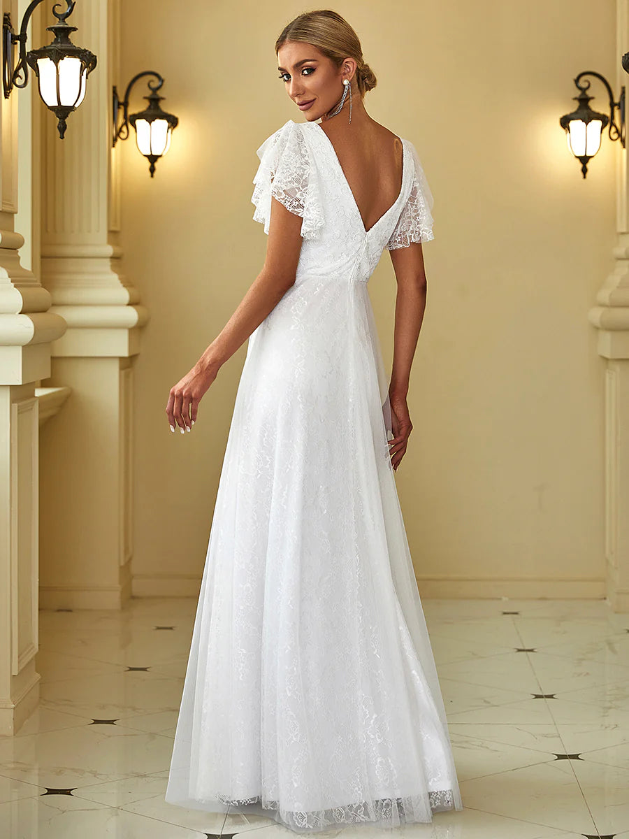 Elegant Maxi Lace V-Neck Ruffle Sleeves Wedding Dress - Rosa Apparel