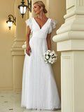 Elegant Maxi Lace V-Neck Ruffle Sleeves Wedding Dress - Rosa Apparel