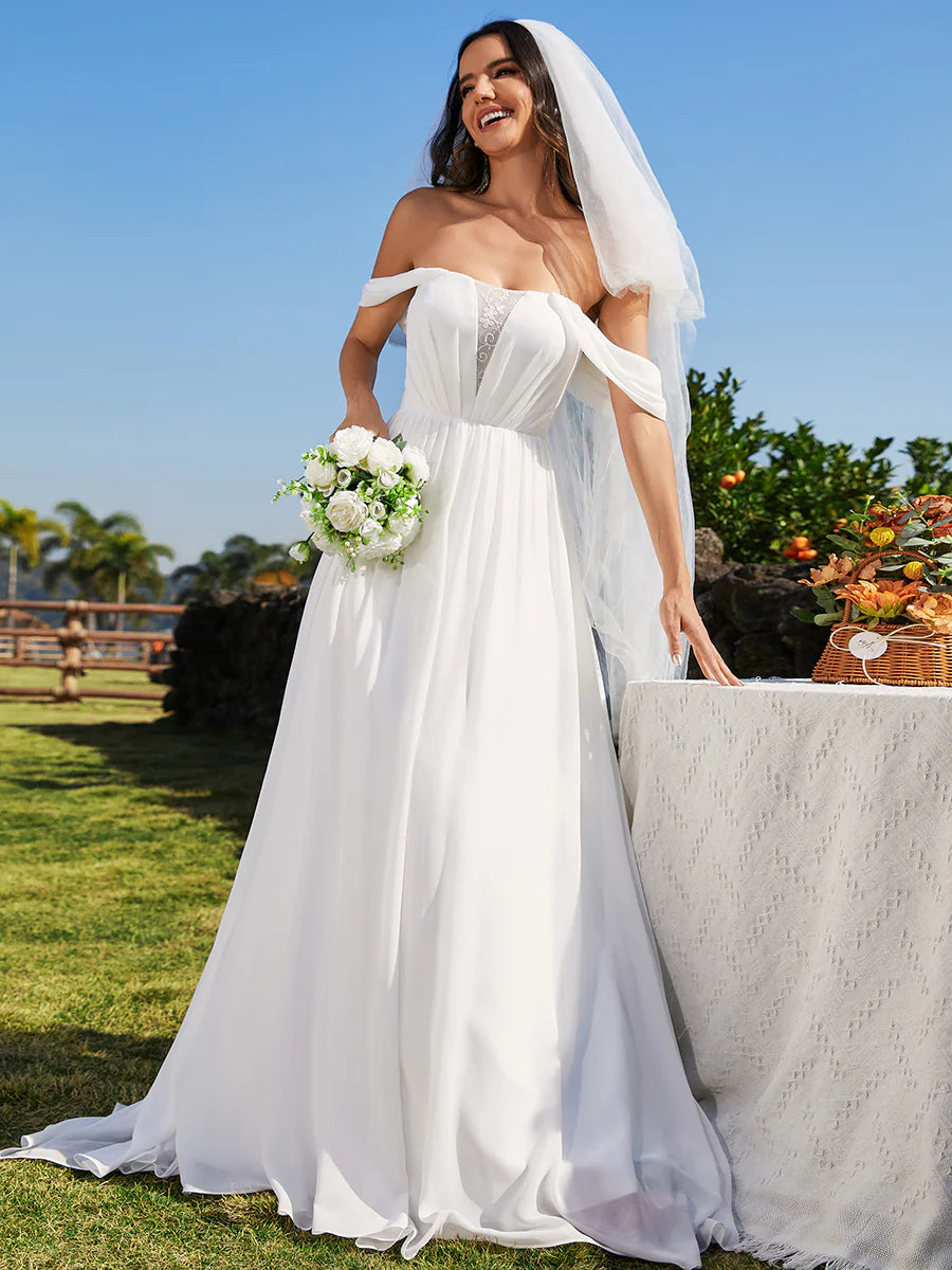 Elegant Off Shoulder Chiffon With Half Sleeves Wedding Dress - Rosa Apparel