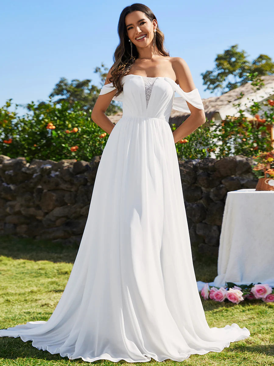 Elegant Off Shoulder Chiffon With Half Sleeves Wedding Dress - Rosa Apparel