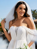 Elegant Off Shoulder Chiffon With Half Sleeves Wedding Dress - Rosa Apparel